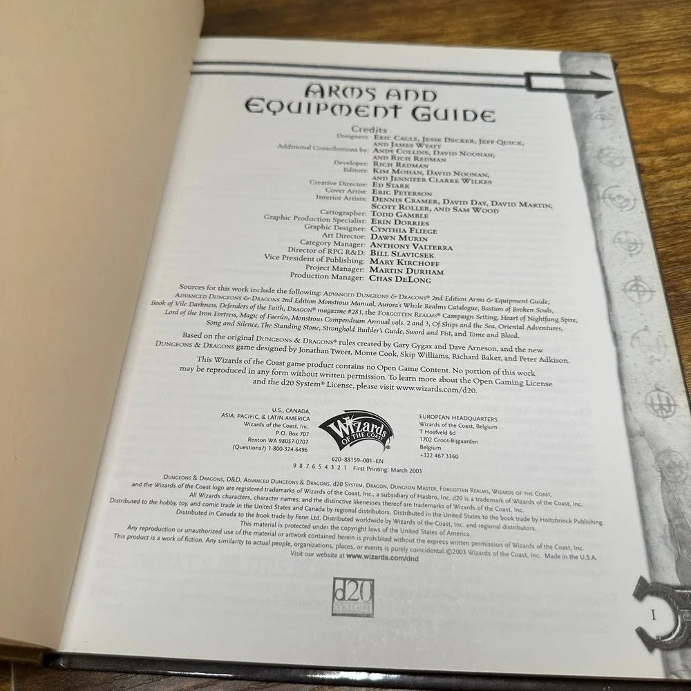 Dungeons and Dragons Arms and Equipment Guide Hardcover 2003 First Printing d20